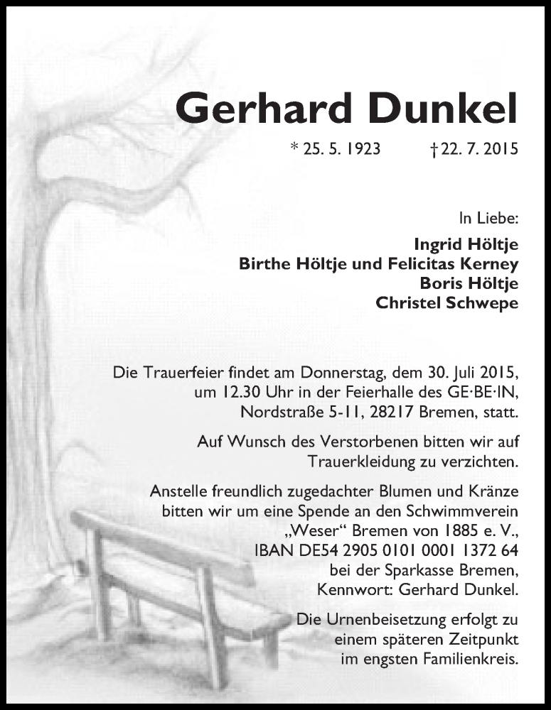 Traueranzeige von Gerhard Dunkel von WESER-KURIER