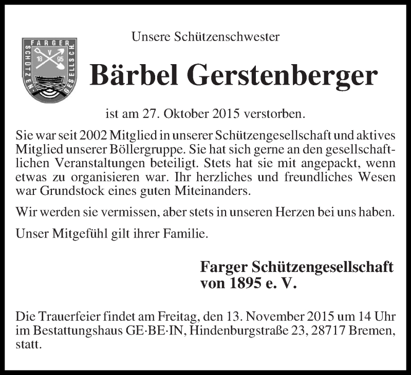 Traueranzeige von Bärbel Gerstenberger von Die Norddeutsche