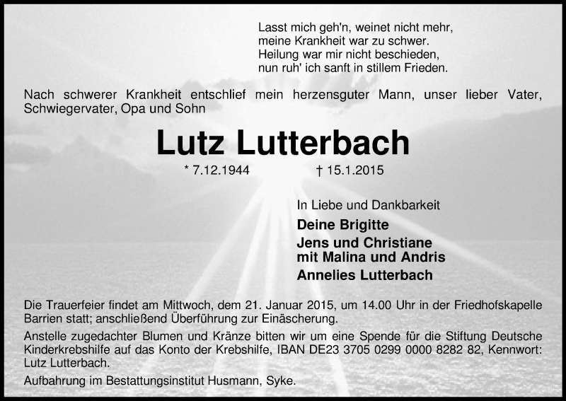 Traueranzeige von Lutz Lutterbach von WESER-KURIER