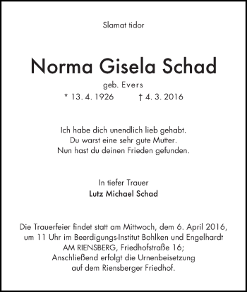 Traueranzeige von Norma Gisela Schad