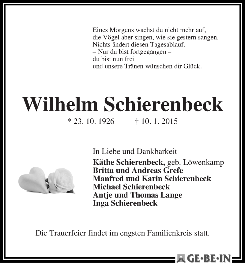 Traueranzeige von Wilhelm Schierenbeck von WESER-KURIER