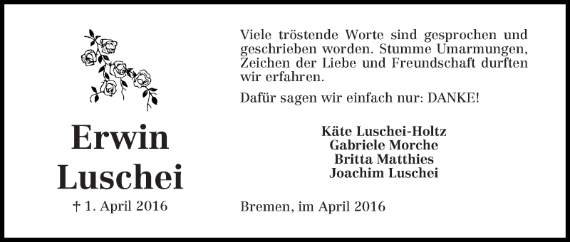 Traueranzeige von Erwin Luschei von WESER-KURIER