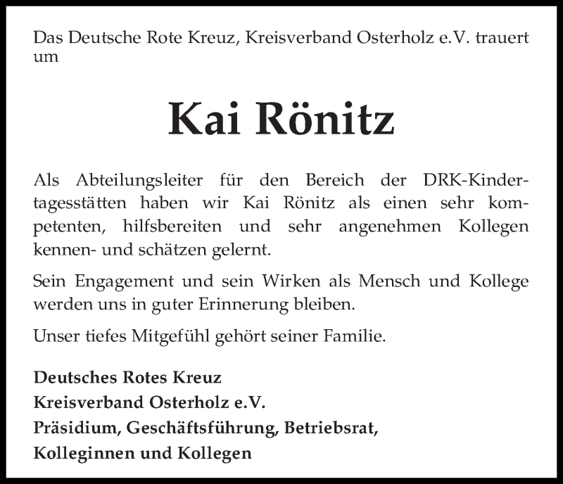 Traueranzeige von Kai Rönitz von Osterholzer Kreisblatt