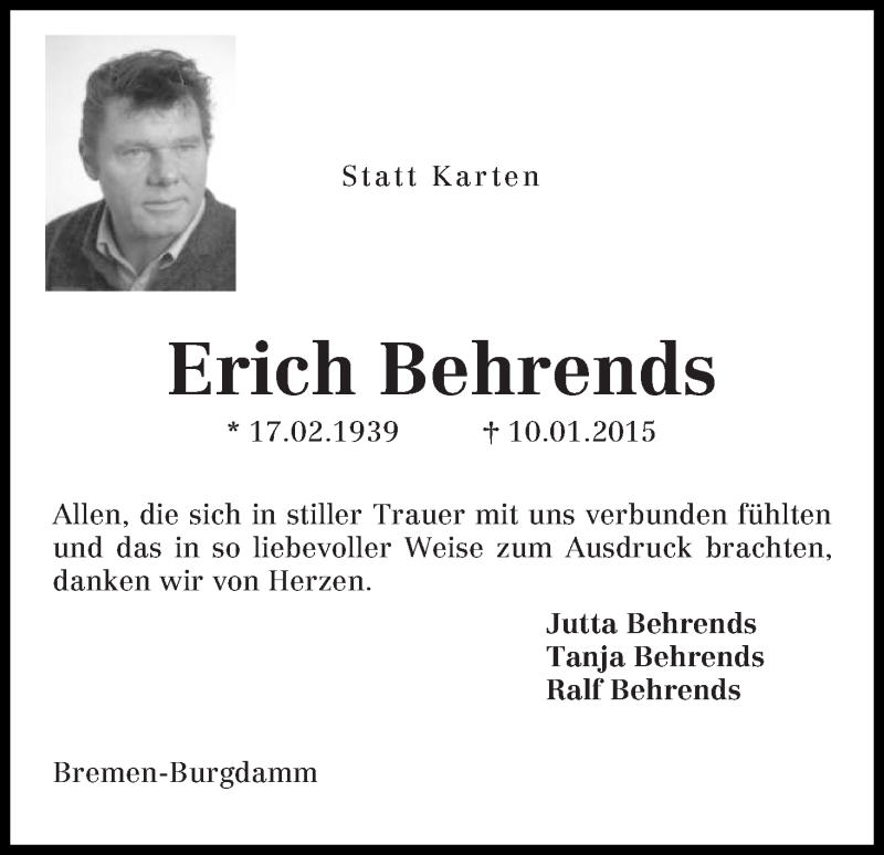 Traueranzeige von Erich Behrends von WESER-KURIER
