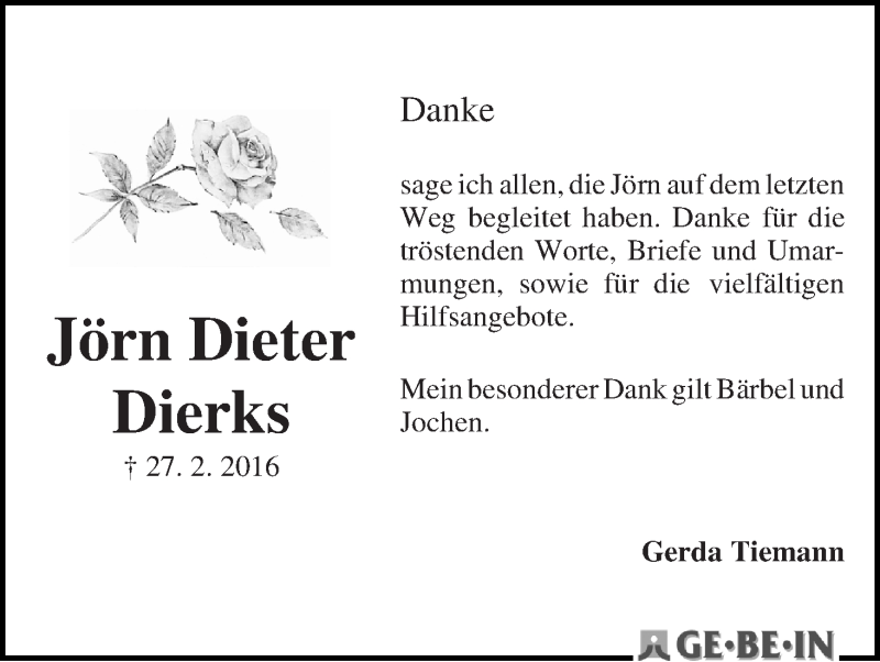 Traueranzeige von Jörn-Dieter Dierks von WESER-KURIER