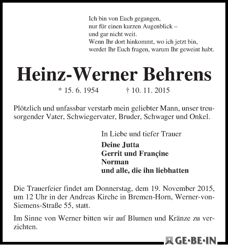 Traueranzeige von Heinz-Werner Behrens von WESER-KURIER