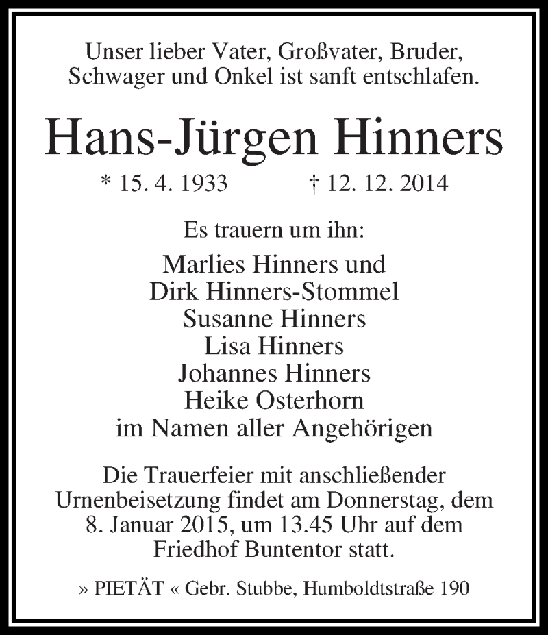 Traueranzeige von Hans-Jürgen Hinners von WESER-KURIER
