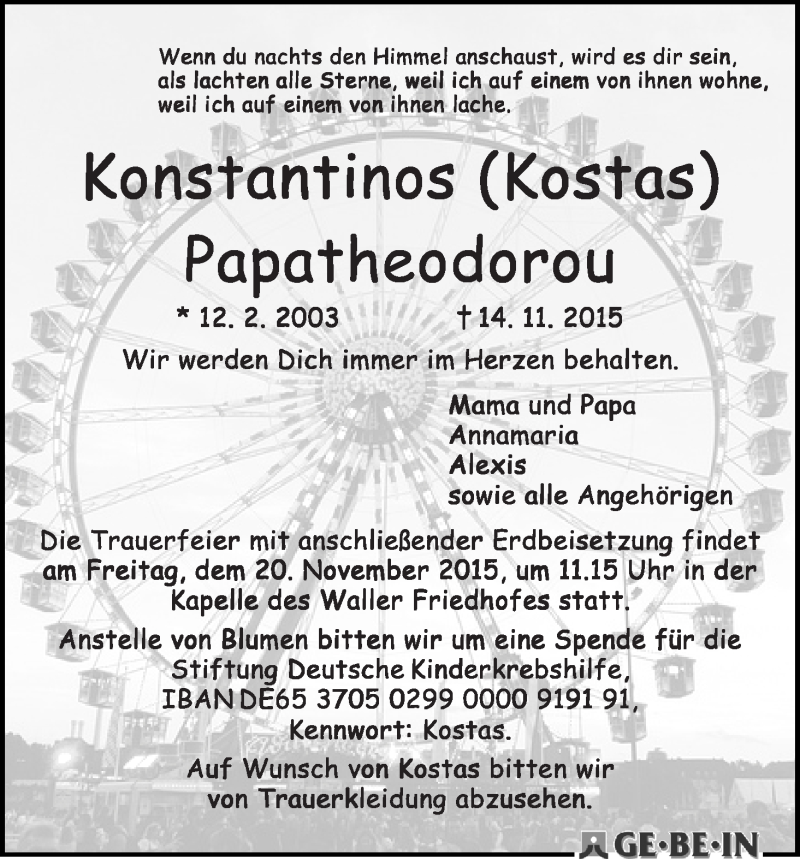  Traueranzeige für Konstantinos (Kostas) Papatheodorou vom 18.11.2015 aus WESER-KURIER