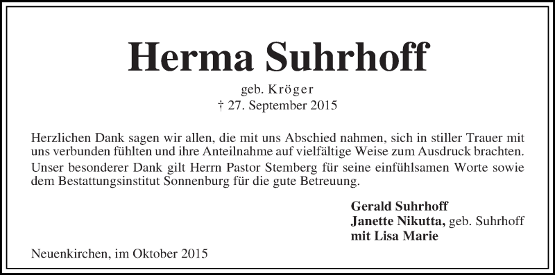 Traueranzeige von Herma Suhrhoff von Die Norddeutsche