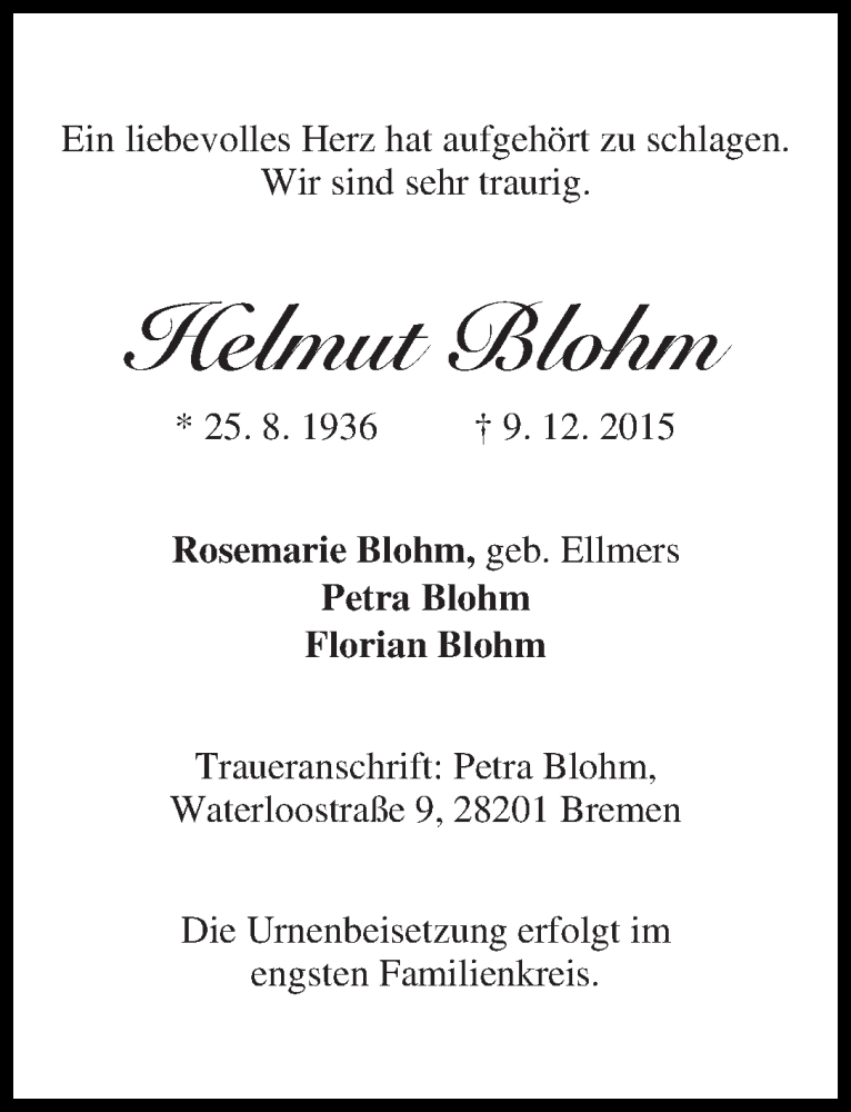  Traueranzeige für Helmut Blohm vom 19.12.2015 aus WESER-KURIER