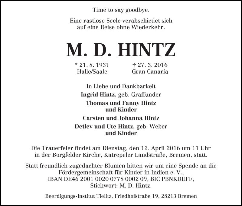 Traueranzeige von M.D. Hintz von WESER-KURIER