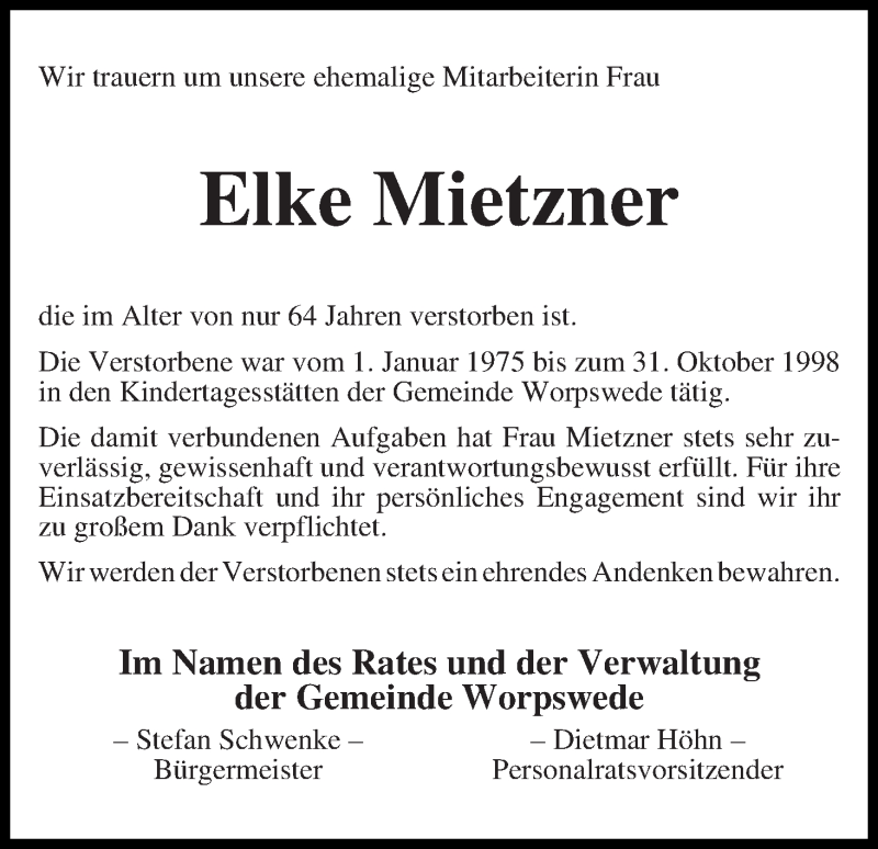 Traueranzeige von Elke Mietzner von Wuemme Zeitung