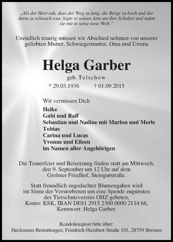Traueranzeige von Helga Garber von Die Norddeutsche