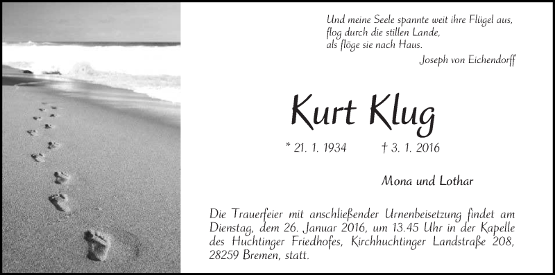 Traueranzeige von Kurt Klug von WESER-KURIER