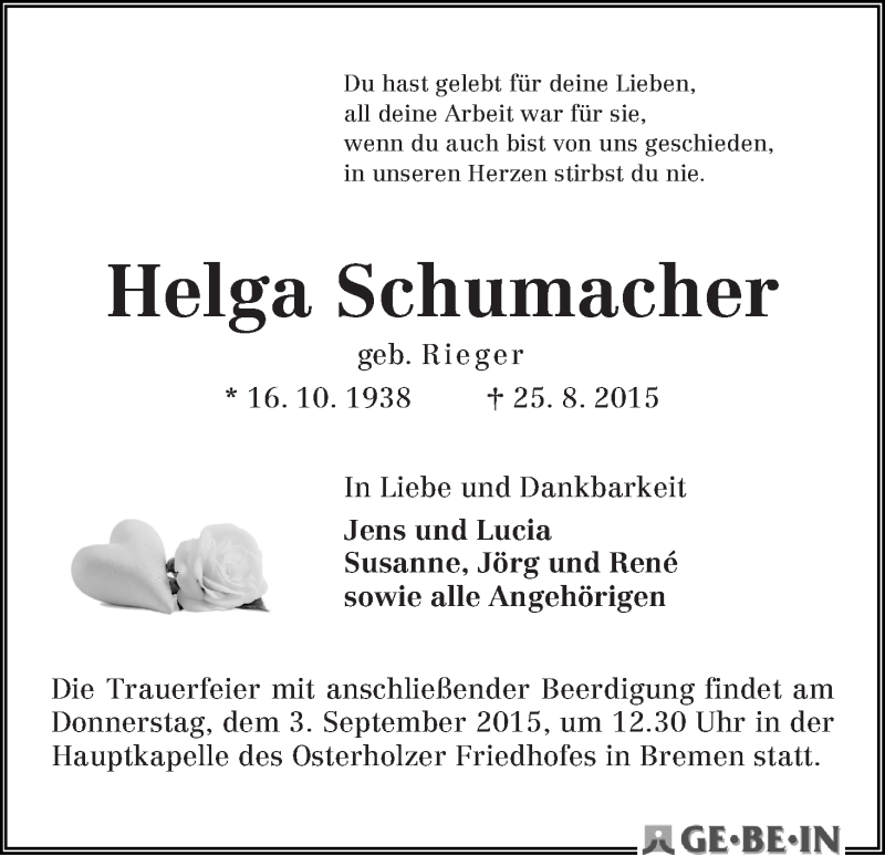  Traueranzeige für Helga Schumacher vom 29.08.2015 aus WESER-KURIER