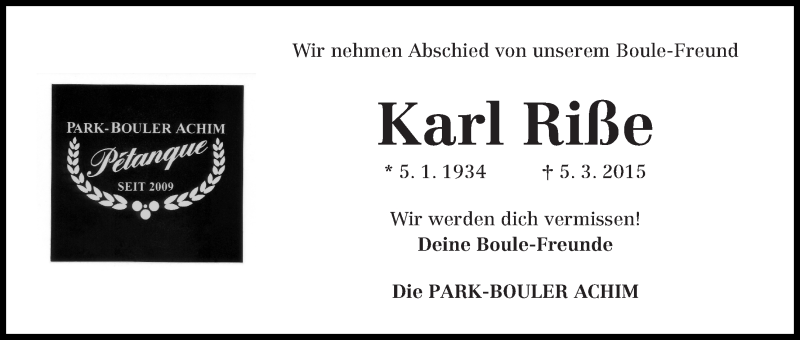 Traueranzeige von Karl Riße von Achimer Kurier/Verdener Nachrichten