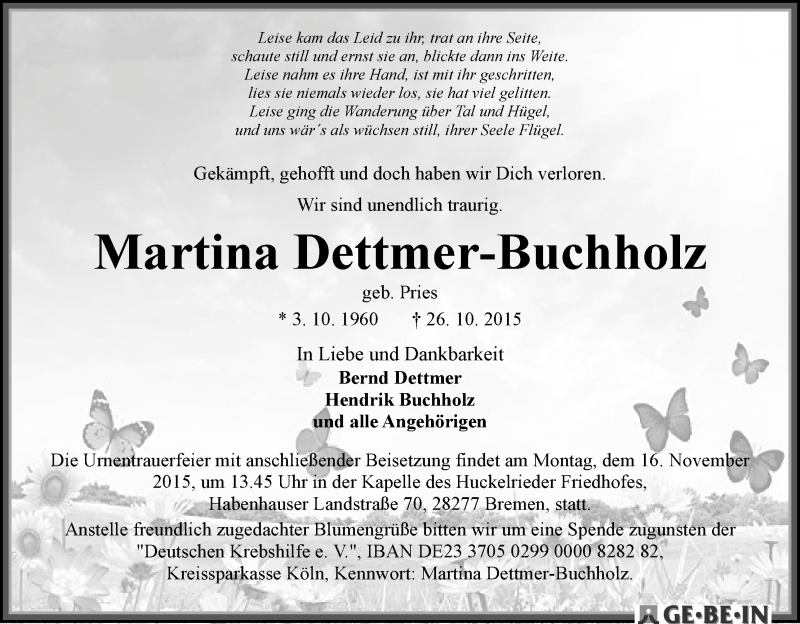 Traueranzeige von Martina Dettmer-Buchholz von WESER-KURIER