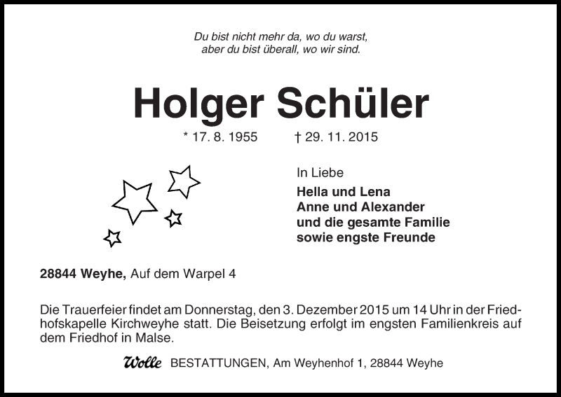 Traueranzeige von Holger Schüler von WESER-KURIER