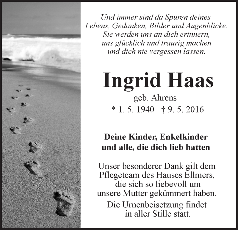 Traueranzeige von Ingrid Haas von WESER-KURIER