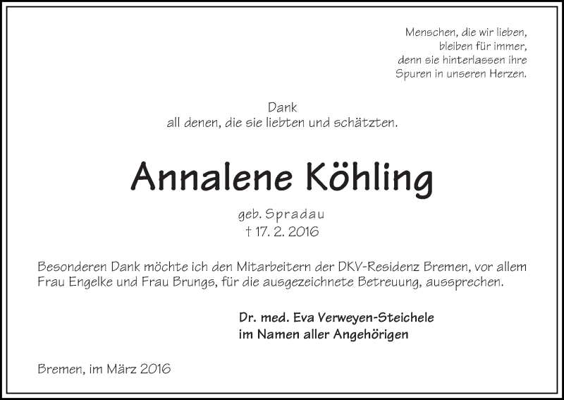 Traueranzeige von Annalene Köhling von WESER-KURIER