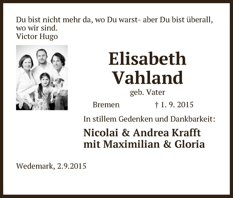 Traueranzeige von Elisabeth Vahland von WESER-KURIER