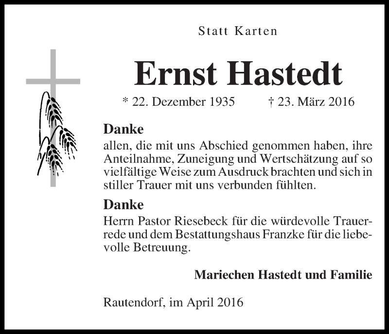 Traueranzeige von Ernst Hastedt von Wuemme Zeitung