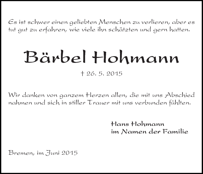 Traueranzeige von Bärbel Hohmann von WESER-KURIER