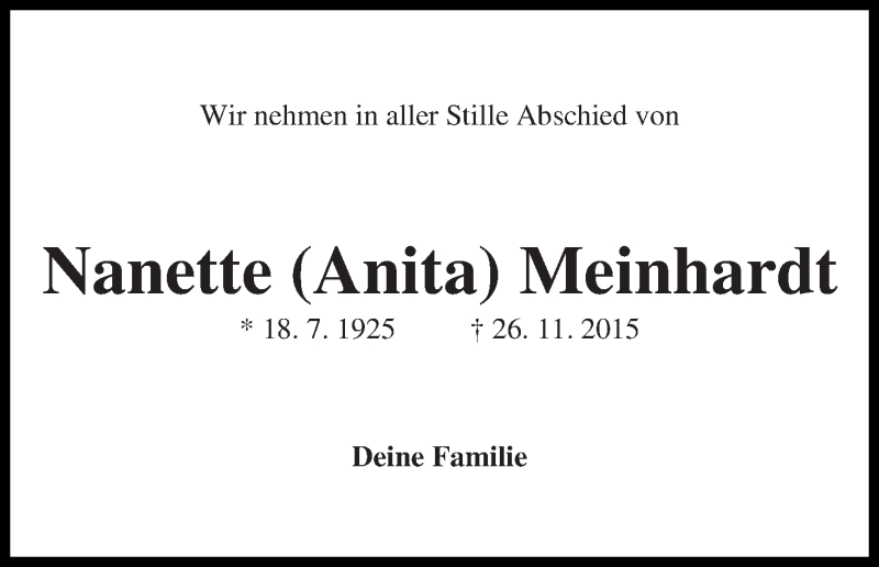 Traueranzeige von Nanette (Anita) Meinhardt von Die Norddeutsche