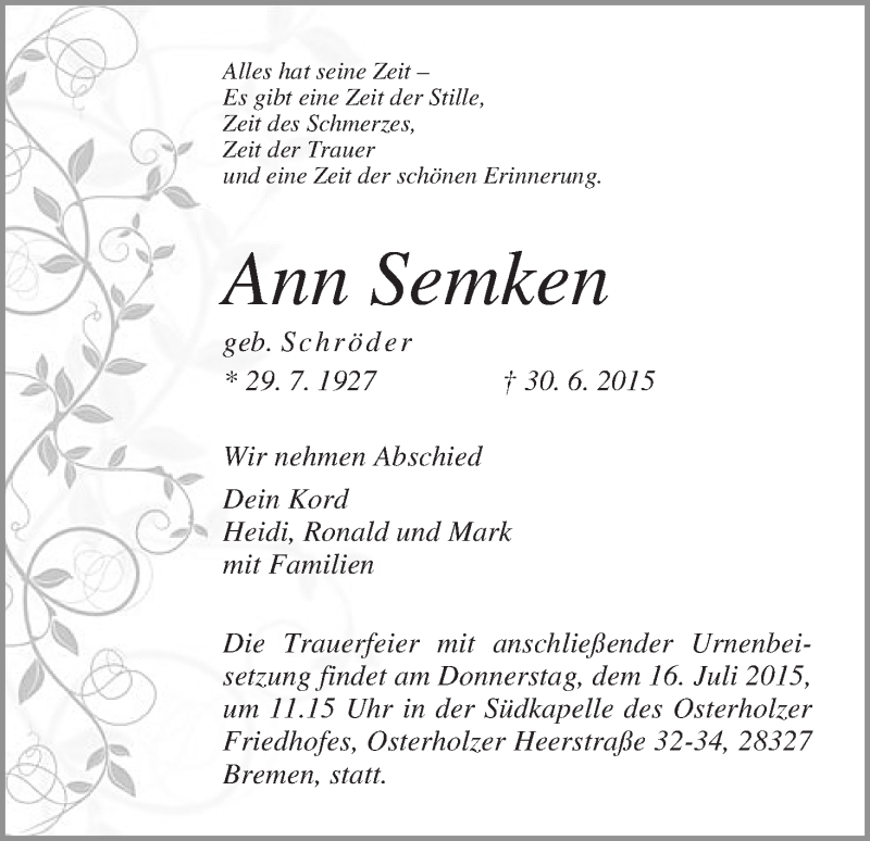 Traueranzeige von Ann Semken von WESER-KURIER