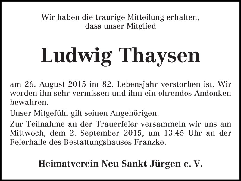 Traueranzeige von Ludwig Thaysen von Wuemme Zeitung