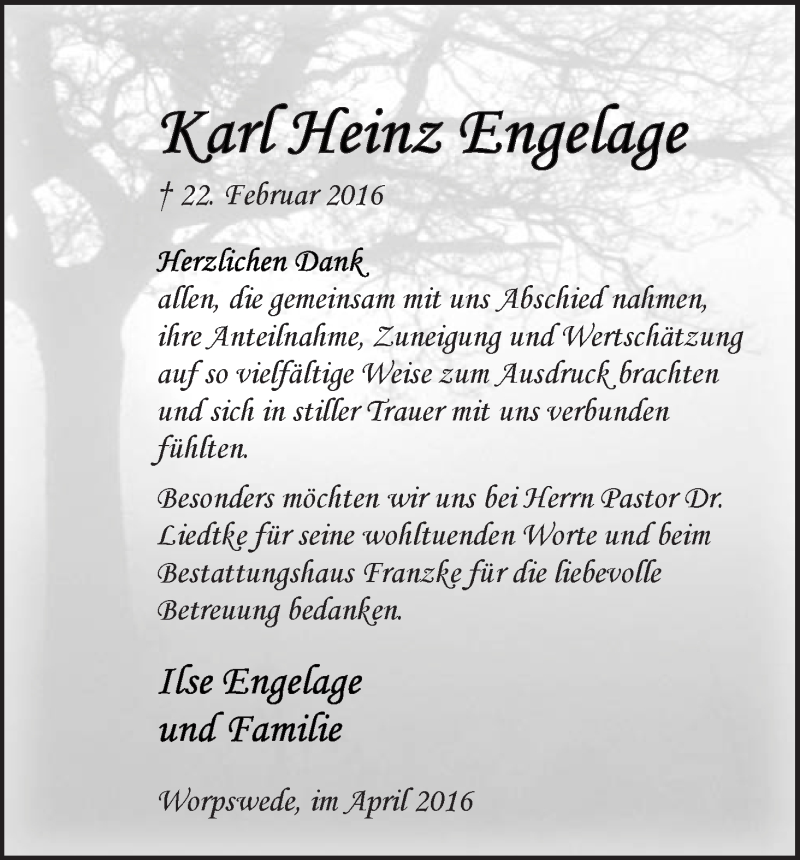 Traueranzeige von Karl Heinz Engelage von Wuemme Zeitung