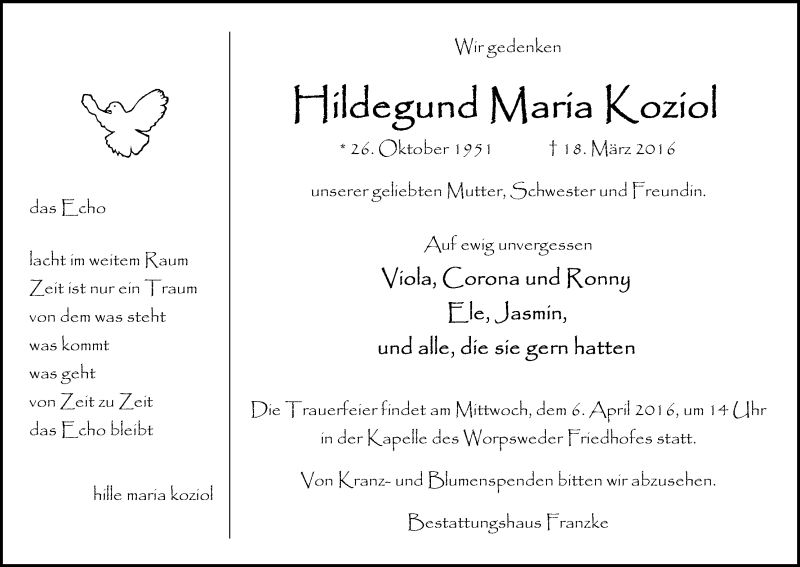 Traueranzeige von Hildegund Maria Koziol von Wuemme Zeitung