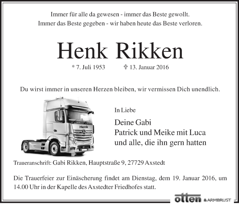  Traueranzeige für Henk Rikken vom 15.01.2016 aus Osterholzer Kreisblatt