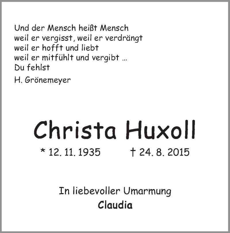 Traueranzeige von Christa Huxoll von WESER-KURIER