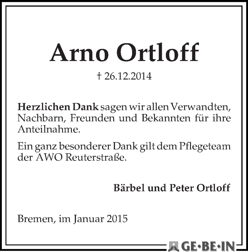 Traueranzeige von Arno Ortloff von WESER-KURIER