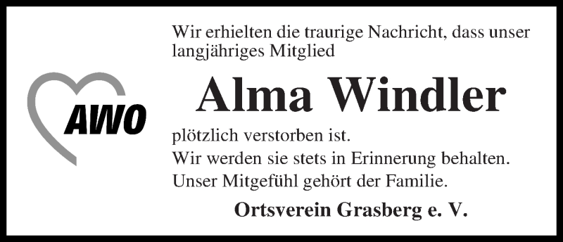 Traueranzeige von Alma Windler von Wuemme Zeitung