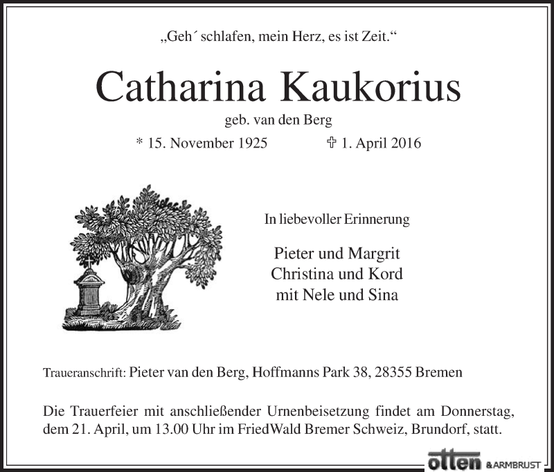 Traueranzeige von Catharina Kaukorius von Die Norddeutsche