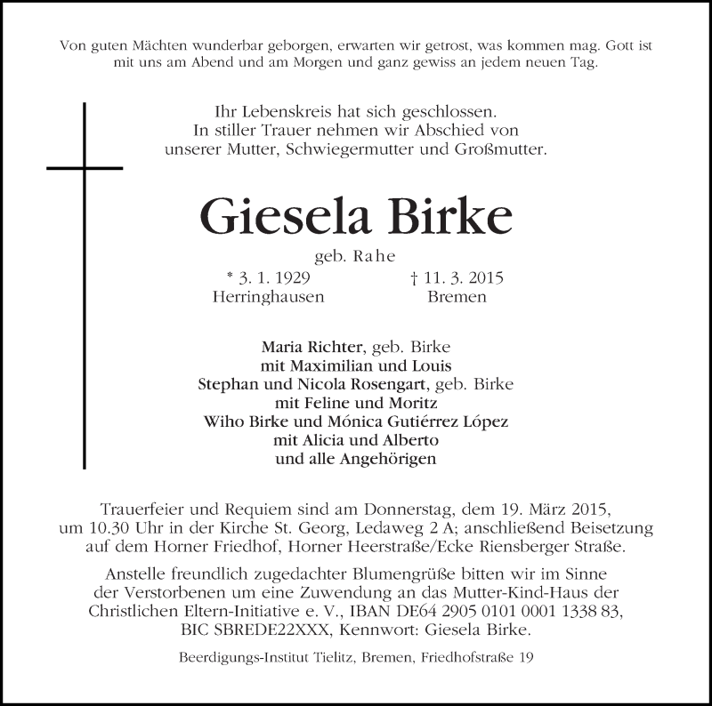 Traueranzeige von Giesela Birke von WESER-KURIER