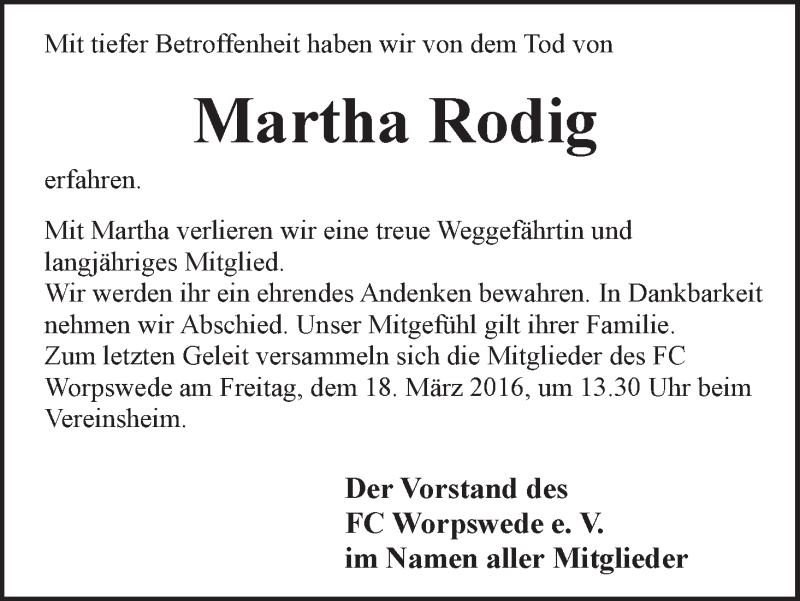 Traueranzeige von Martha Rodig von Wuemme Zeitung