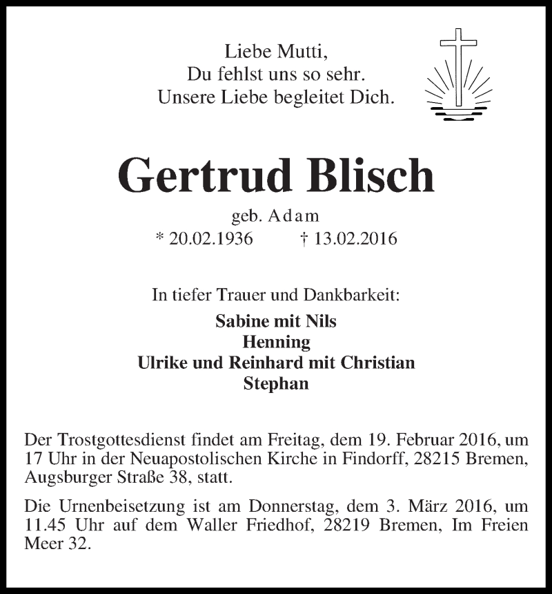  Traueranzeige für Gertrud Blisch vom 17.02.2016 aus WESER-KURIER