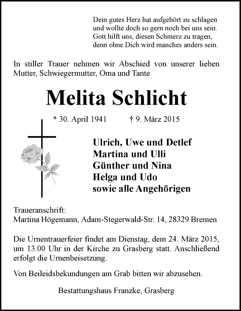 Traueranzeige von Melita Schlicht von Wuemme Zeitung