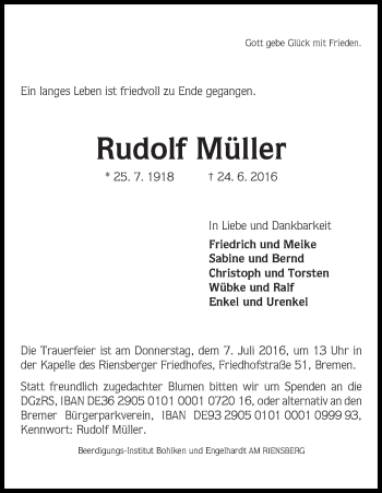 Traueranzeige von Rudolf Müller