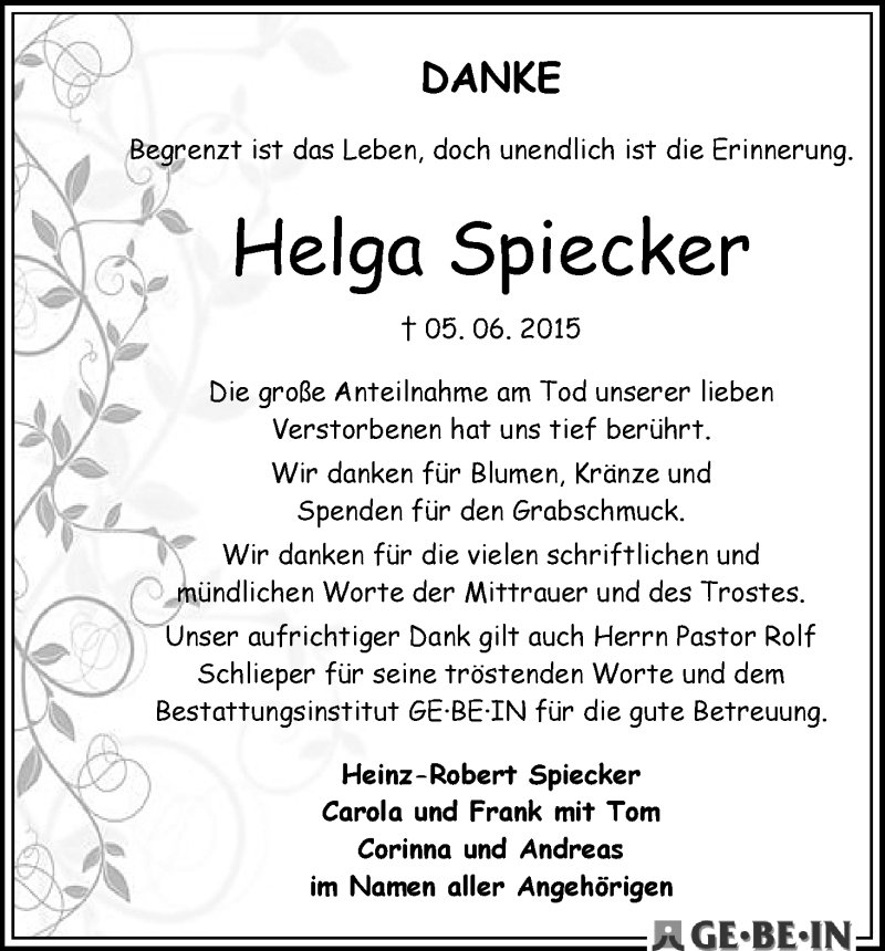 Traueranzeige von Helga Spiecker von WESER-KURIER