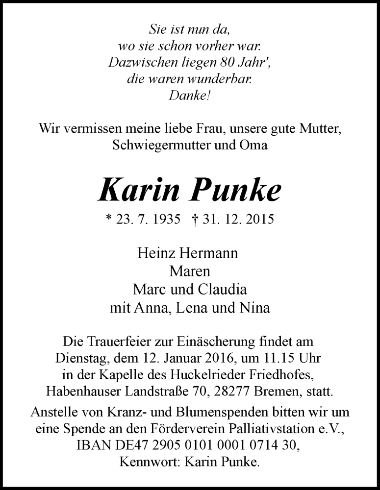 Traueranzeige von Karin Punke von WESER-KURIER