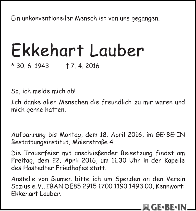 Traueranzeige von Ekkehart Lauber von WESER-KURIER