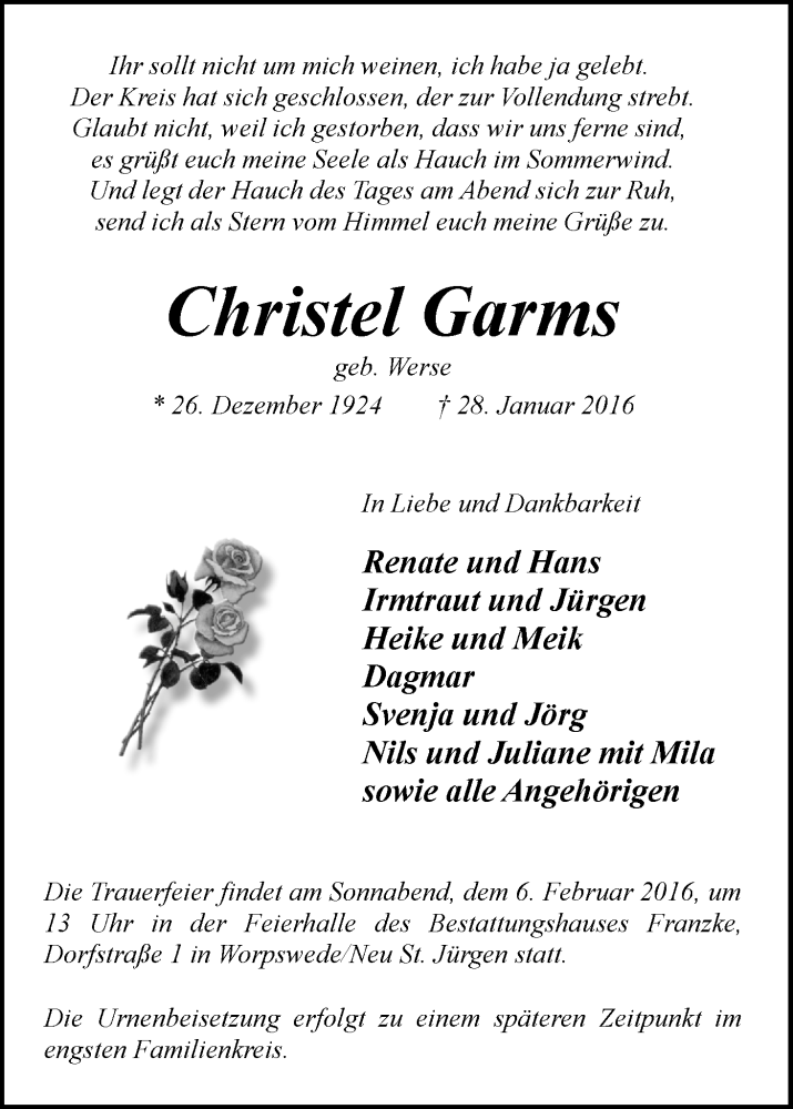 Traueranzeige von Christel Garms von Wuemme Zeitung