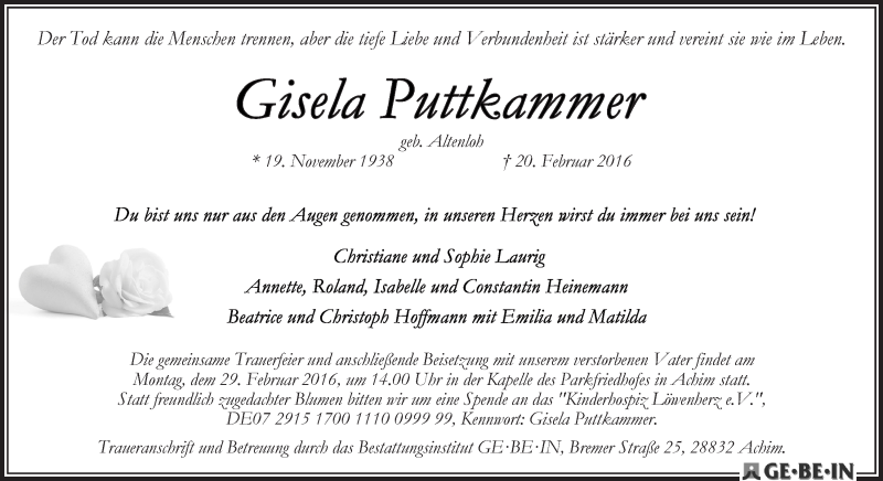 Traueranzeige von Gisela Puttkammer von WESER-KURIER