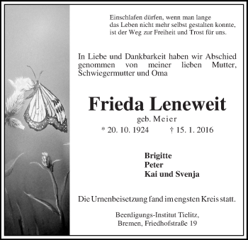 Traueranzeige von Frieda Leneweit