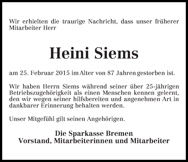 Traueranzeige von Heini Siems von WESER-KURIER