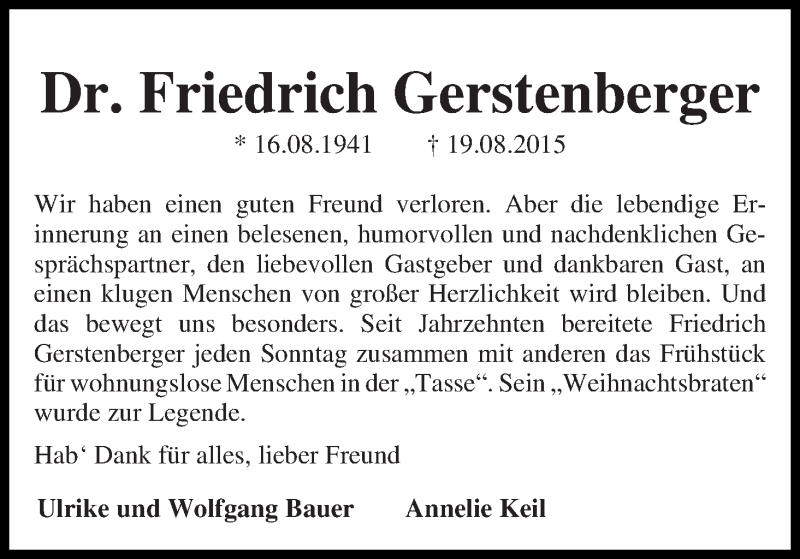 Traueranzeige von Friedrich Gerstenberger von WESER-KURIER